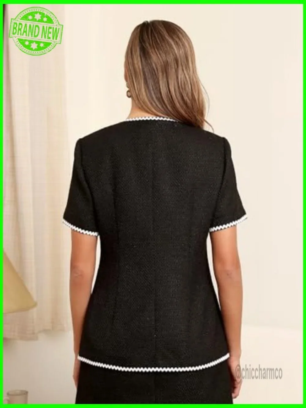 Tweed Blazer Jackets for Women Elegant Short Sleeve Office Outfit with Braid